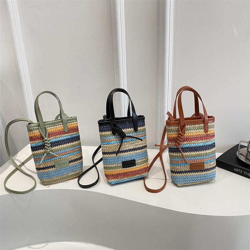 Color Striped Bucket Bag Leather Top Handle Daily Mobile Phone Purse Stripes Woven Crossbody Bag Small Luxury Small Square Bags