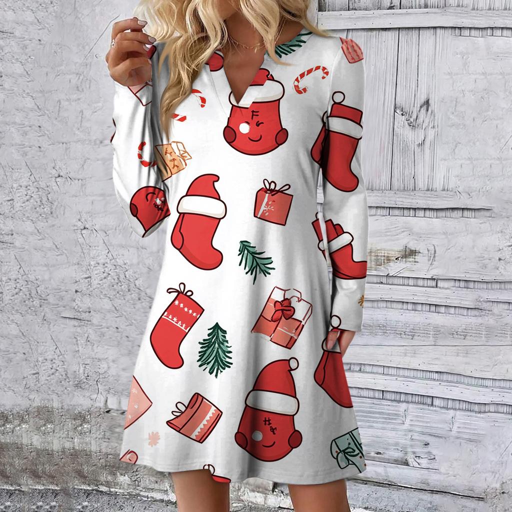 Women's Christmas Printed Dress Loose V-neck Casual Long Sleeved Dress