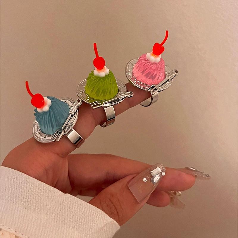 Creative Strawberry Mousse Cake Rings Jelly Pudding Ice Cream Cherry Fruit Ring Exaggerated Vintage Chunky Girls Finger Rings