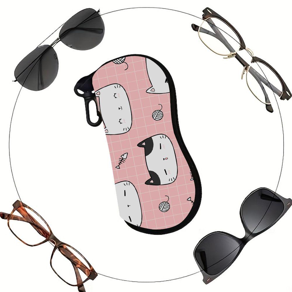 Cute Cat Pattern Soft Fabric Sunglasses Case,Portable Cartoon Eyeglasses Protective Pouch,Lightweight Drawstring Spectacle Bag Travel Accessories
