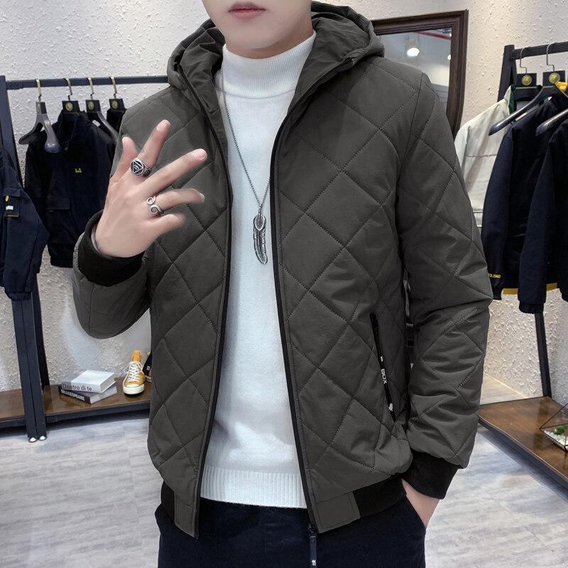 Men's Winter Hooded Warm Jacket Lined Cotton Warm Jacket Diamond Plaid Outdoor Casual Jacket