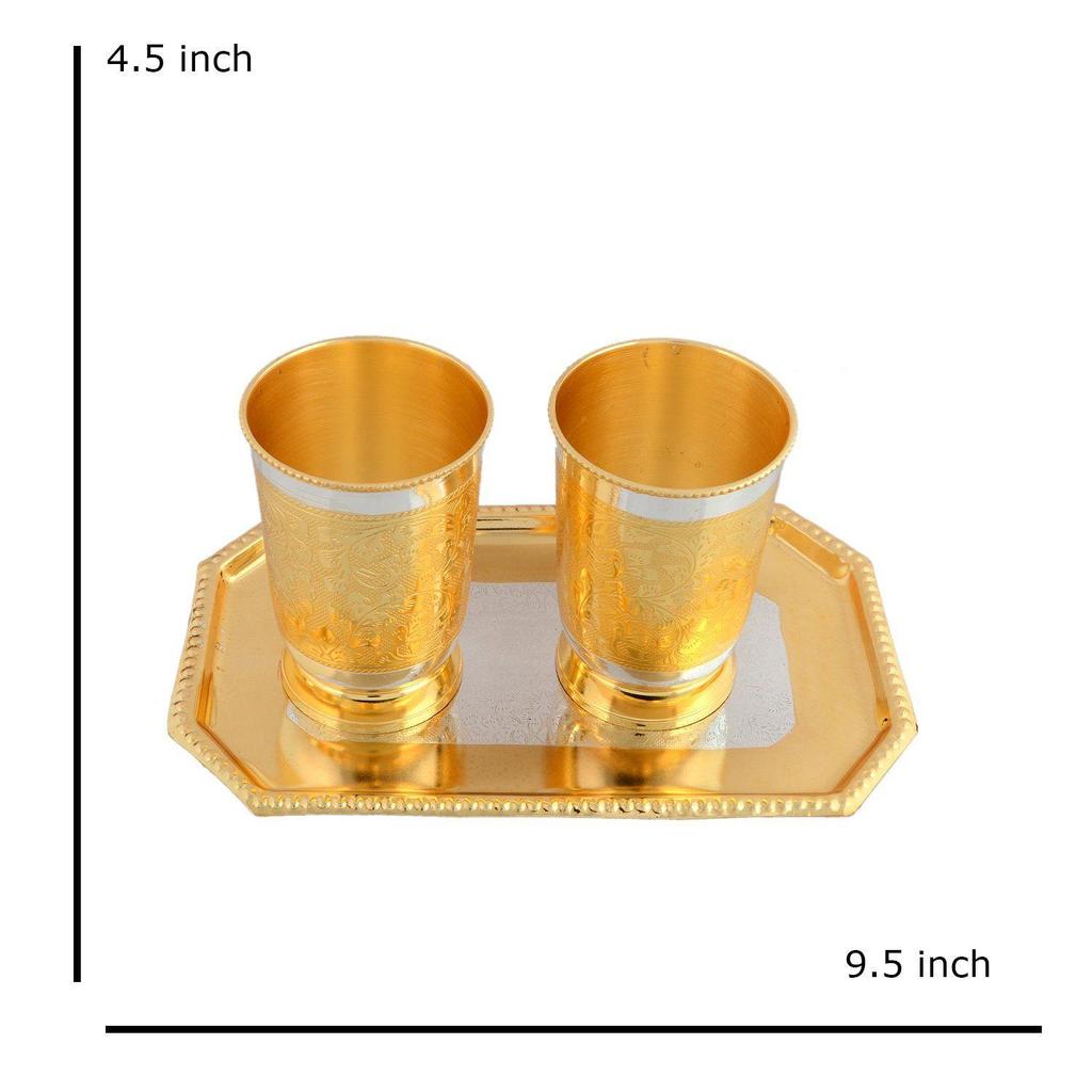 Silber Gold Plated Messing Glas für Trinkwasser Set mit Tablett | Set of 3 | Glasbecher 660 ml| Bestes Geschenk für Hochzeit, Jahrestag