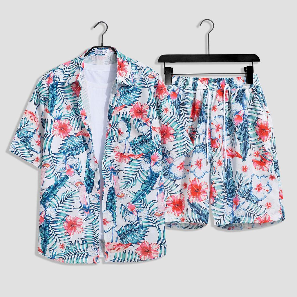 Hawaiian Floral Beach Set: Men's Loose-Fit Plus Size Short Sleeve Shirt & Casual Shorts
