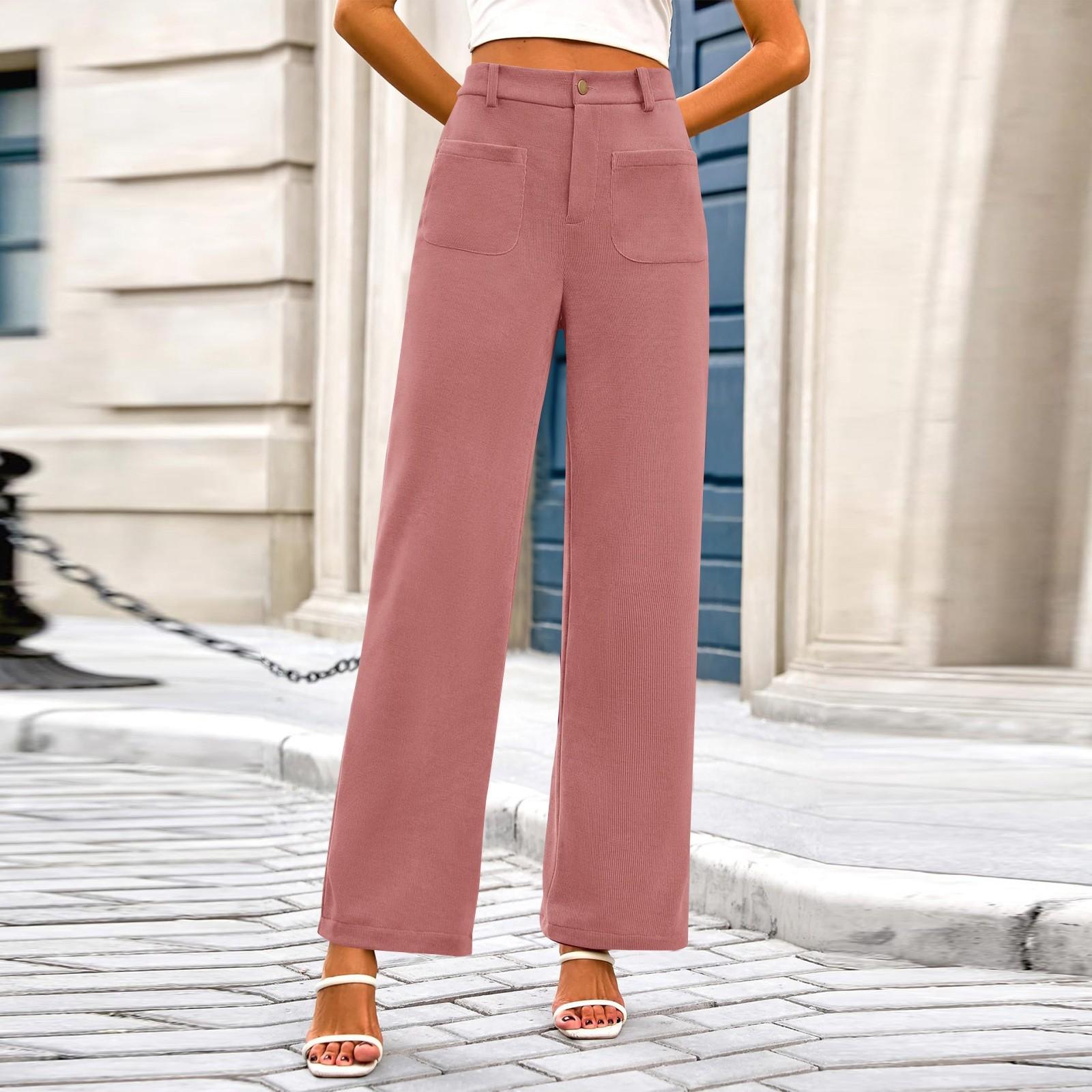 

Women s Casual Wide-leg Stretch High-waisted Button-down Wide-leg Pants Working Straight-leg Pants With Pocket Pants XL рожевий
