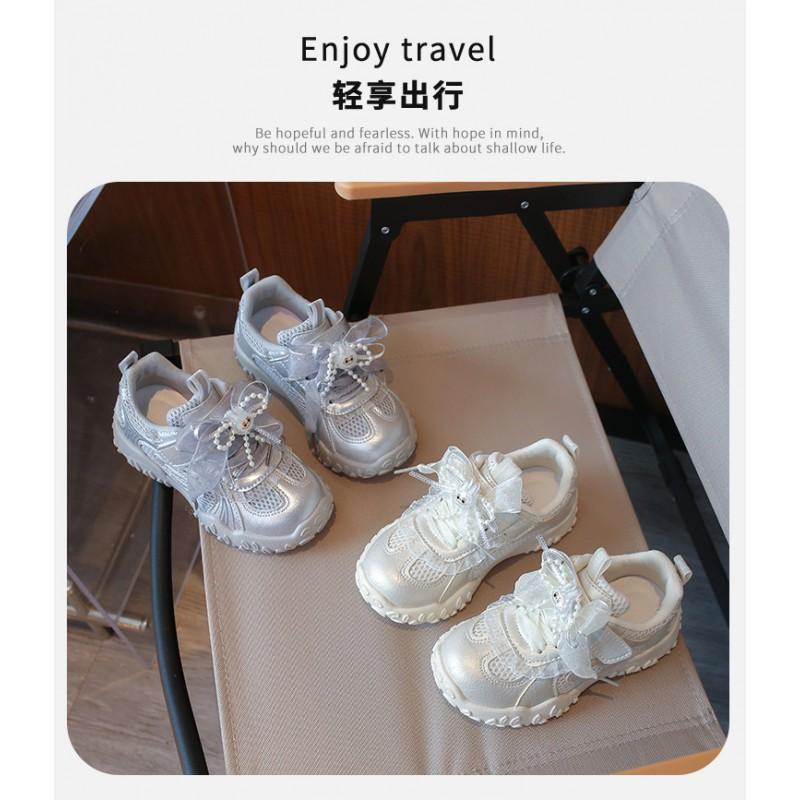 Girls Casual Sneakers With Bow Detail Mesh Upper Lightweight Non-Slip Sport Shoes Kids Ages 4-12