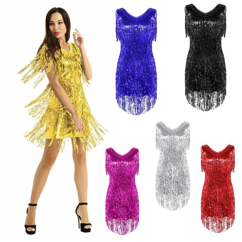 Vestito da ballo latino da donna con scollo a V, senza maniche, con nappe e paillettes scintillanti, per sala da ballo, samba, tango