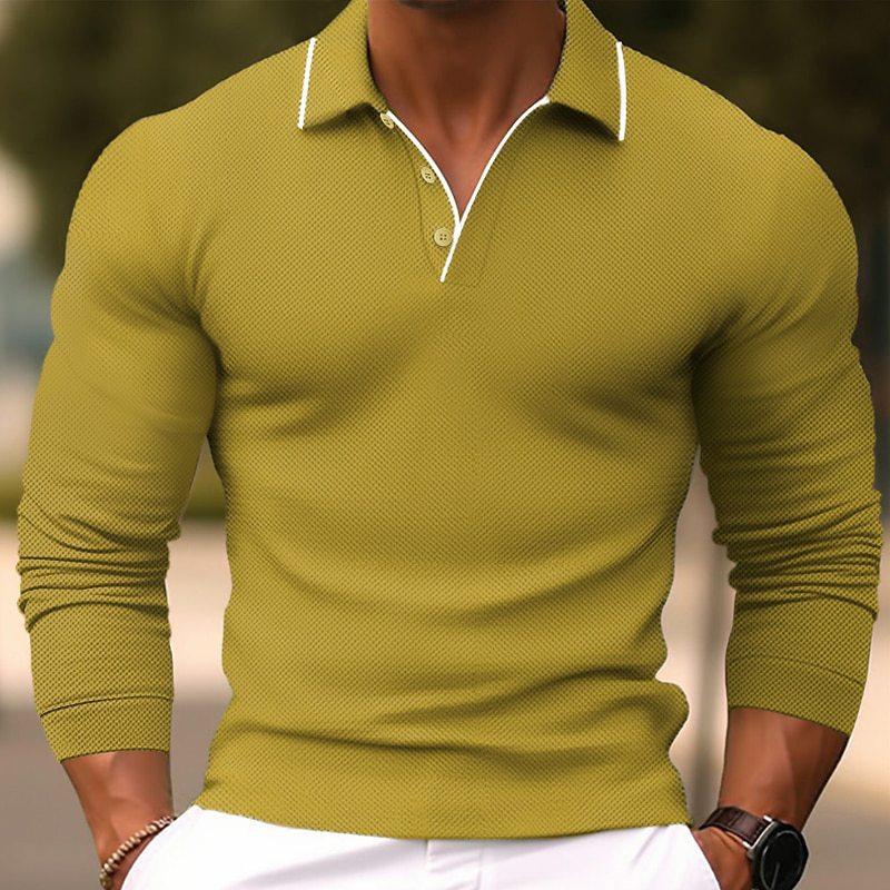 Stylish Long Sleeve Polo Shirt with Contrast Trim, Casual Daily Essential