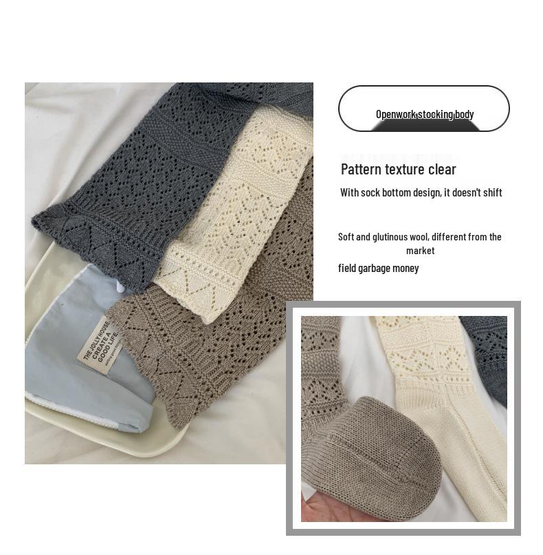 Wei Xue Autumn/Winter Hollowed Wool Slouch Calf Socks: Runway Style Knitted Lace, Warm & Slimming.