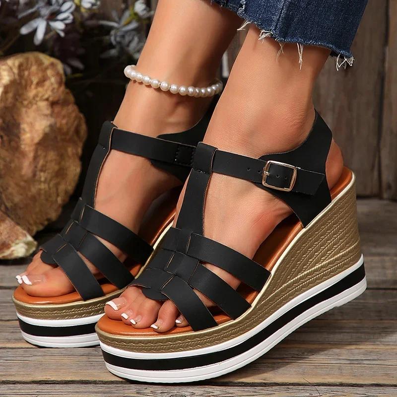 Mode Damskor 2025 Sommar Kilklack Höga Klackar Sandaler för Kvinnor Vävda Chunky Klackade Sandaletter Mujer Bekväm Tjock Platåsandaler