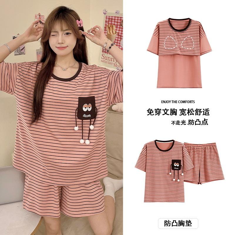 Short-sleeved Pajamas Women's Summer Thin Style with Chest Pad Cartoon Girl Student Loungewear Can Be Worn Outside the Suit
