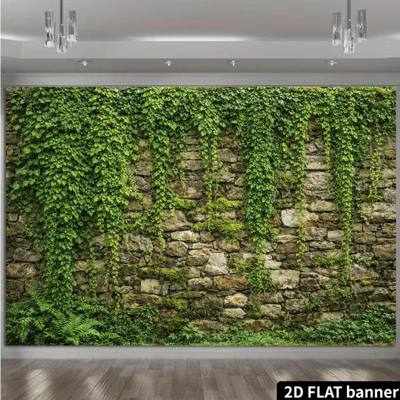 Natural Rustic Cobblestone Wall Lush Greenery Photo Background