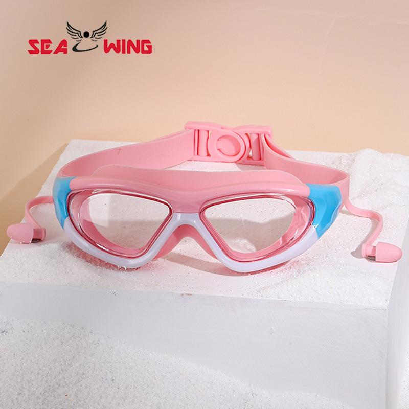 Children s swimming goggles for boys and girls, professional high-definition waterproof anti-fog one-piece earplug goggles, diving and swimming SJT1905E Pink and White