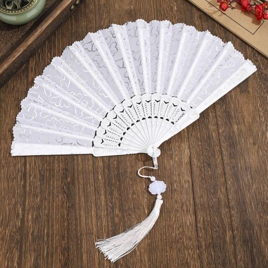 Love Heart Print Folding Fan with Tassel Chinese Style Portable Hollow Ribs Hand Fan Women Dance Performance Props Party Favors
