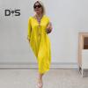 Women Dress V Neck Button Decor Long Sleeve Loose Solid Color Plus Size Mid-calf Length Simple Style Commute Daily Wear Midi Dress