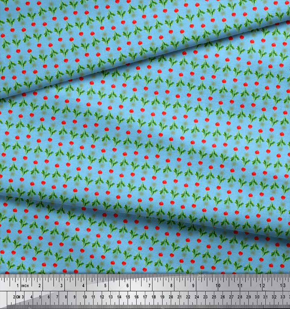 Soimoi Blue Japan Crepe Satin Fabric Leaves & Turnip Vegetable Print Sewing Fabric Metre 42 Inch