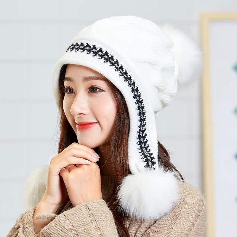 Hat Women's Winter Knitted Hair Ball Glove Set, Student Cycling Women's Fleece Thickened Thermal Ear Protector