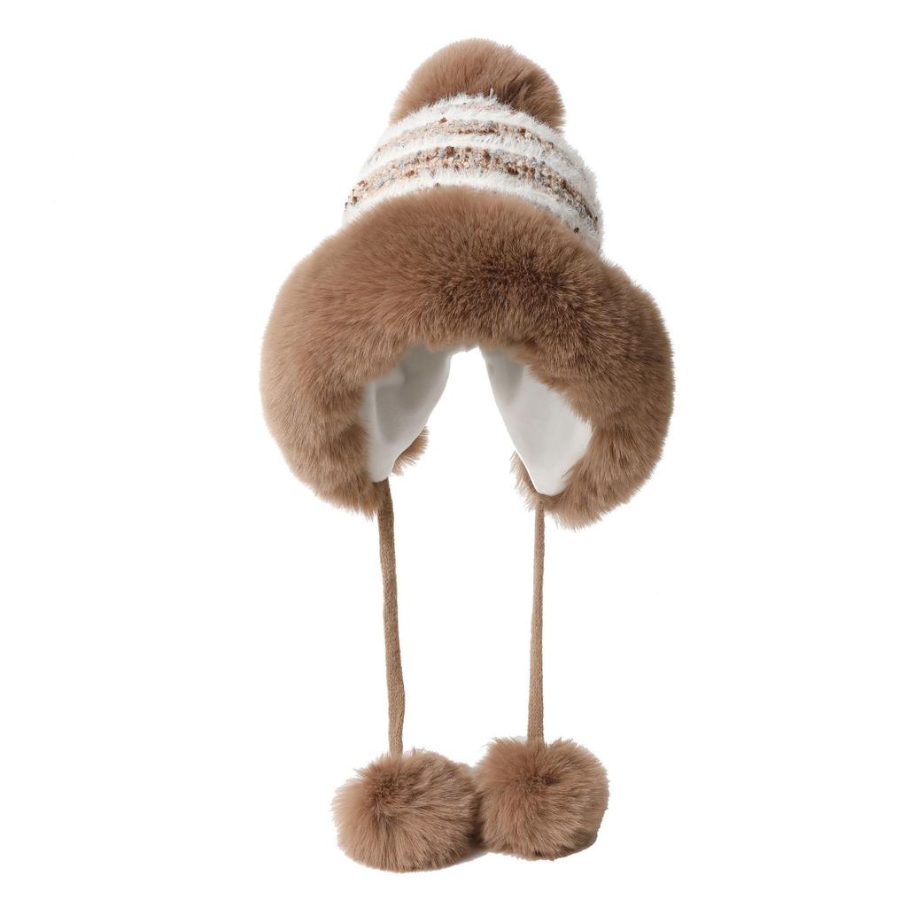 Autumn and Winter Cute Bear Fur Ball Plush Knitted Hat for Women Korean Style Ins Thickened Warm Ear Protection Cold Proof Woolen Hat