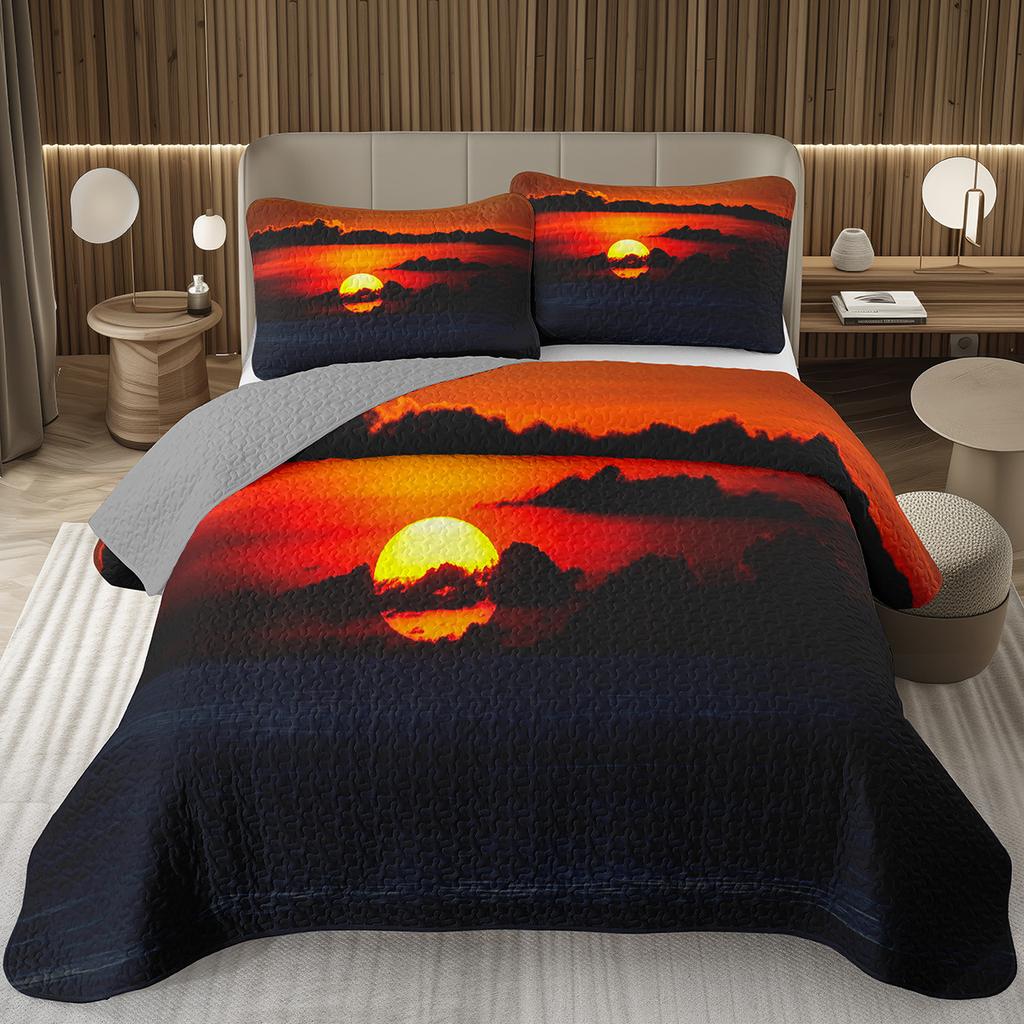 Sunset Scenery Bedspread Queen/Full Natural Landscape Quilted Coverlet 2/3Pcs Reversible Grey Bedding Set for Boy Girl Room Dorm
