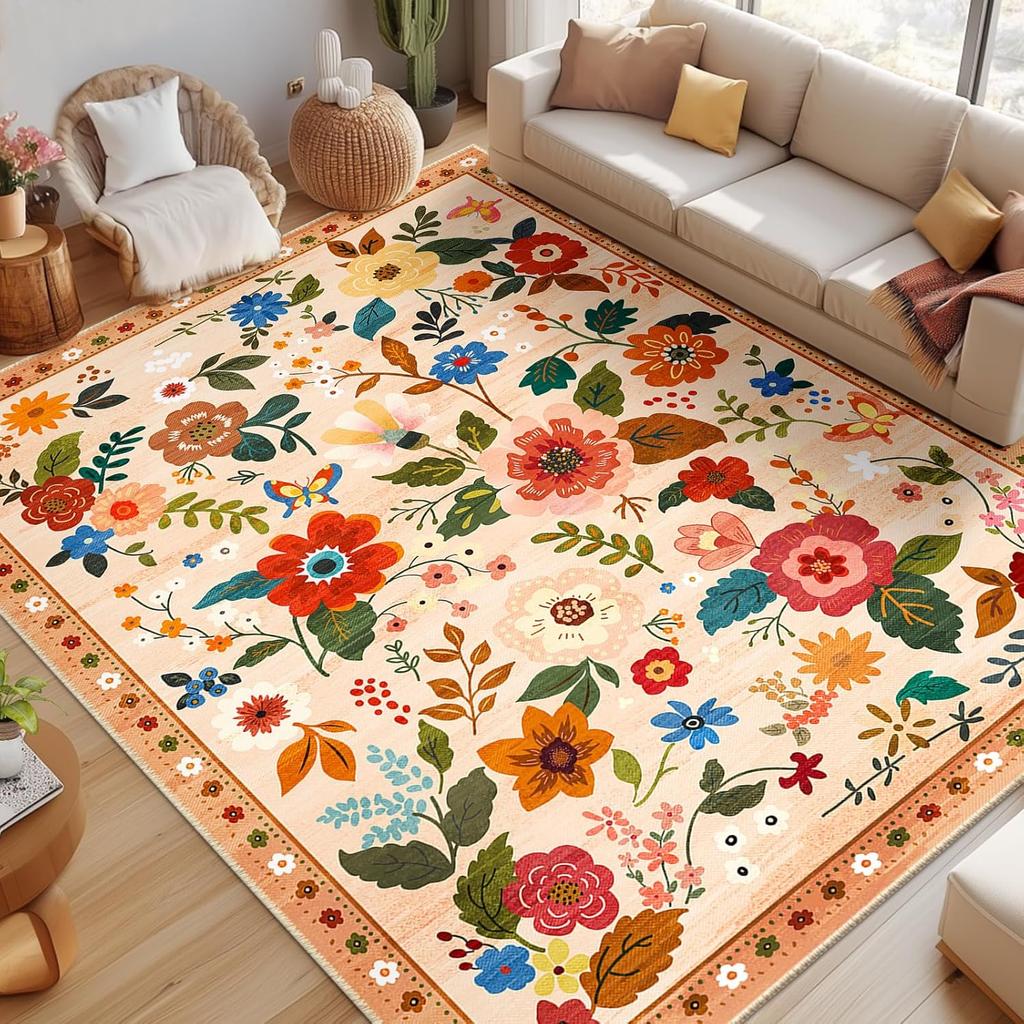 Crystal velvet carpetFloral  Area Rug Machine Washable Soft Print Boho Carpet Non Slip Doormat Low Pile Flower Area Rugs for