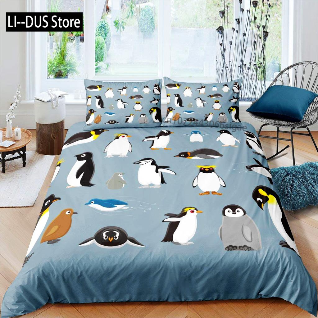 Watercolor Penguin Pattern Print Duvet Cover Set Bedding Set 3pcs for Kids Comforter Cover Soft Quilt Cover with 2 Pillow Case