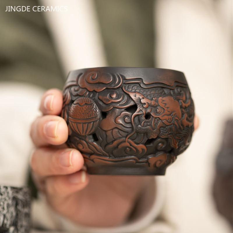 90ml Purple pottery vintage tea cup hand-carved ceramic master cup Traditional dragon phoenix single cup custom tea accessories