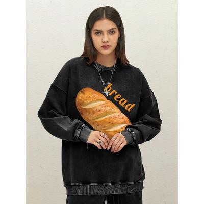 Deliciosa Sudadera Lavada para Mujer con Estampado de Pan Baguette Cuello Redondo Moda Pullovers Sueltos Algodón Ropa Streetwear