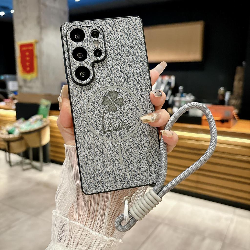 Samsung S25ULTRA Kleeblatt Leder Magnetische Handyhülle - Kompatibel mit S24FE/S23p, Vollständige Abdeckung, Sturzschutz.