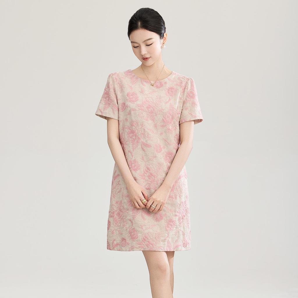 Nanyou Elegant Embroidered Jacquard Linen A-line Dress with Waist-cinching Short Sleeves for Spring/Summer Style