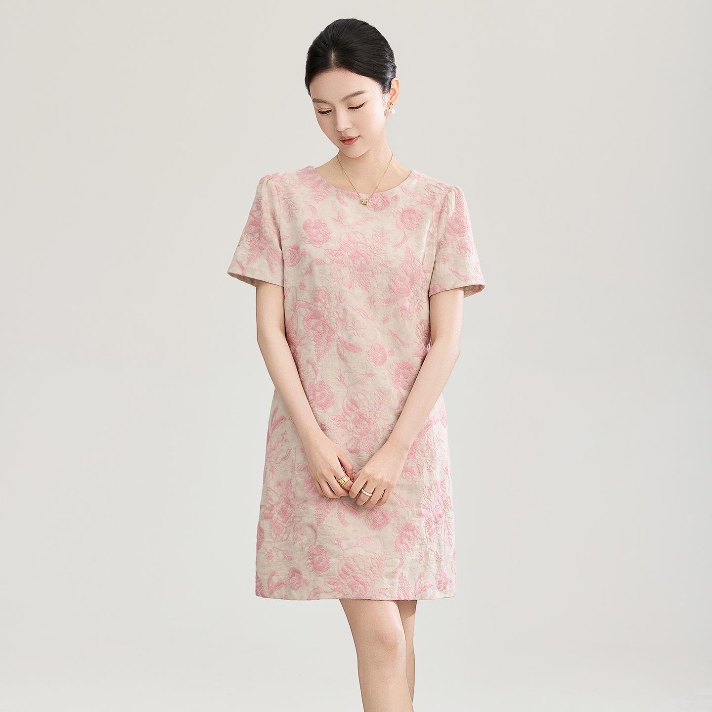

Exquisite Jacquard Linen A-line Dress with Heavy Embroidery for Spring/Summer XXL розовый