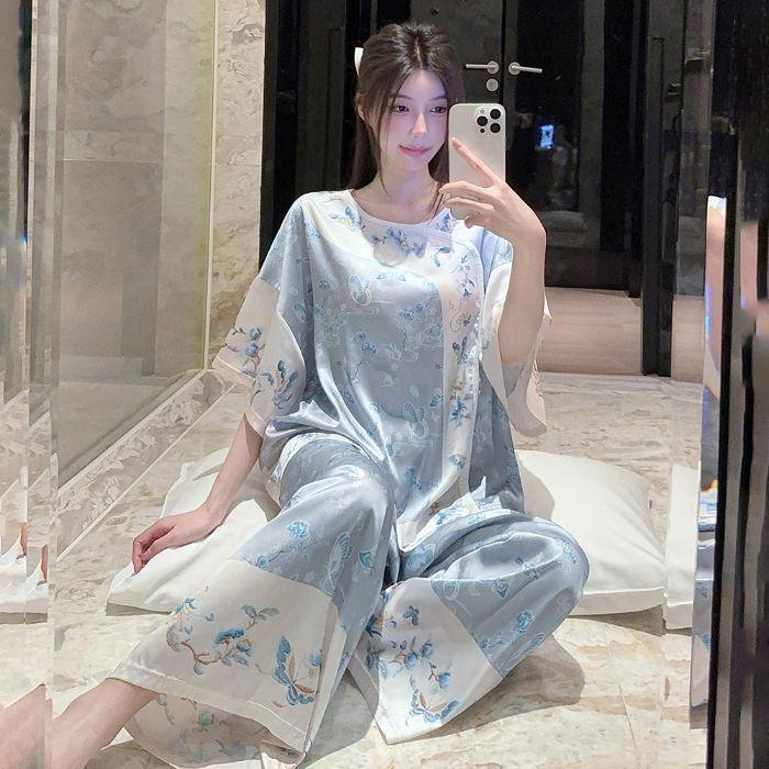 

Guofeng New Chinese Jacquard Ice Silk Pajamas Women s Summer Large Size Loose Short Sleeve Nine-point Pants XXL