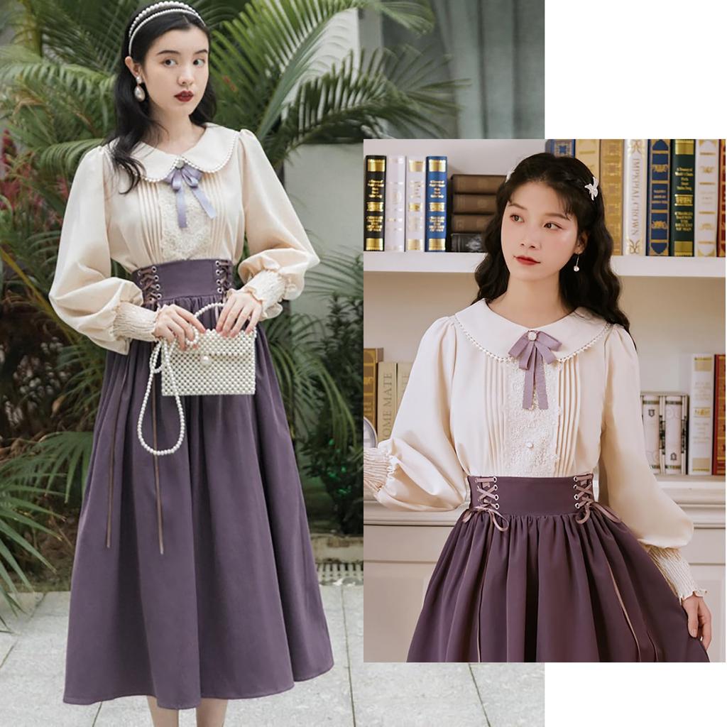 cute blouse and skirt set for top and bottoms with a bow Long Mori perfect for [LAVASEON] Mass-produced, 2-piece women. Midi-length tie. sleeves,
