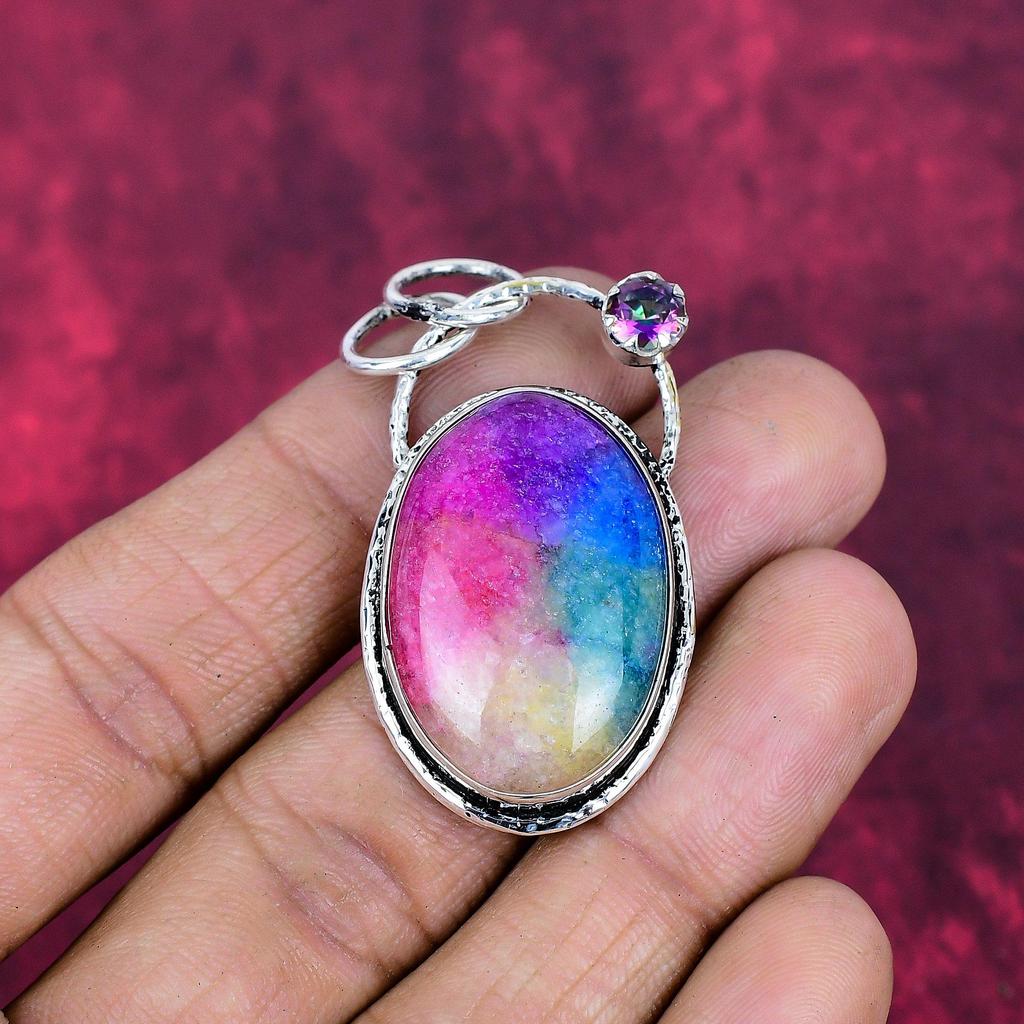 Regenbogen-Solarquarz & Mystischer Topas Anhänger, 925 Sterling Silber Anhänger Schmuck. Geschenk für Frauen, handgefertigter Anhänger, Edelsteinschmuck