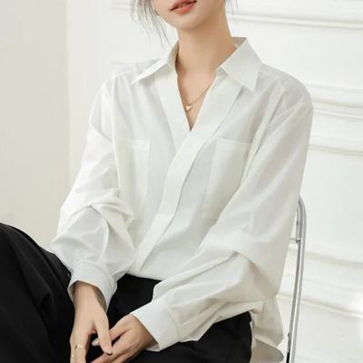 Jesenné voľné vreckové dámske topy elegantné biele tričko s dlhým rukávom dámske ležérne blúzka s rozopnutým golierom Blusas 29915