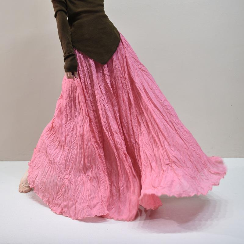 Women's Linen Maxi Skirts Summer Boho Solid Beach Elastic High Waist Pleated A-Line Flowy Swing Long Maxi Skirts Elastic Waist Long Skirt for Women