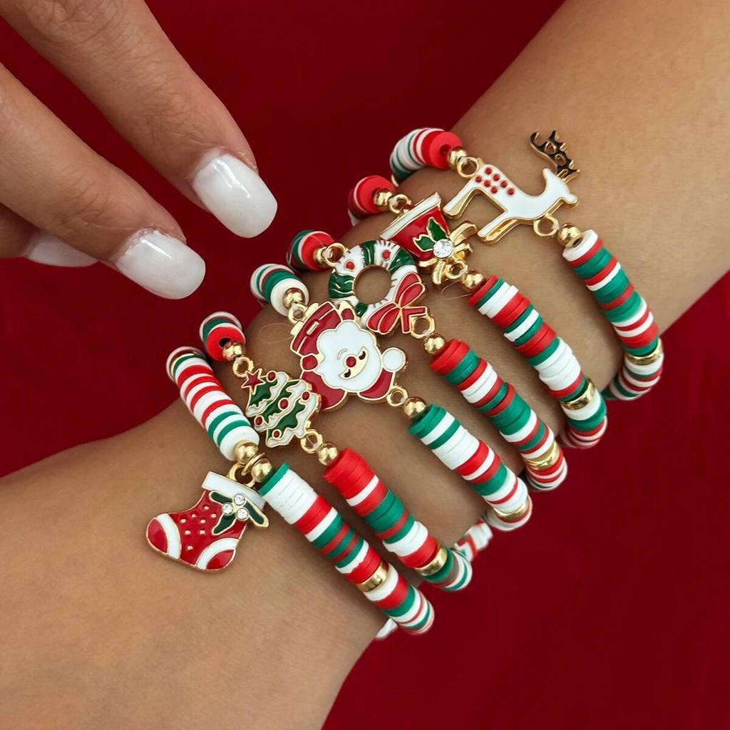 SHIXIN 6Pcs/Set Cute Santa Claus Christmas Tree Socks Elk Charm Bracelet Women Polymer Clay Beaded Bracelets New Year Jewelry