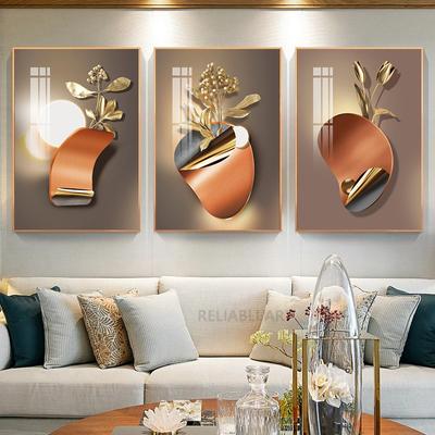 Pintura en lienzo Floral 3D de lujo de flor dorada nórdica, carteles de hojas doradas e impresiones, arte de pared de sombra ligera para porche y sala de estar