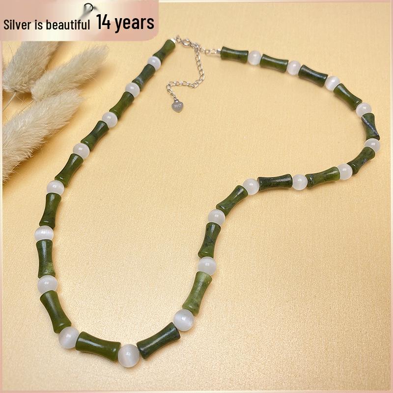 S925 Silver Bamboo-Style Necklace with Natural Olive Jade & Cat's Eye Beads: New Chinese Style for Men & Women