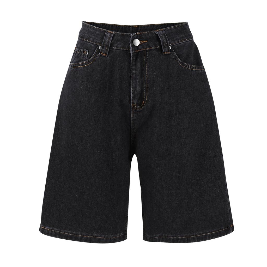 Women Jean High Waisted Trendy Patch Pockets Casual Summer Button Fly Denim Knee Length