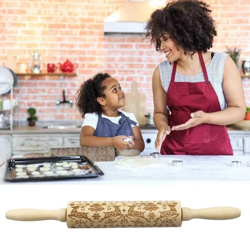 Wood Christmas Printing Rolling Pin Elk Snowflake Christmas Tree Snowman Cookie Crafts