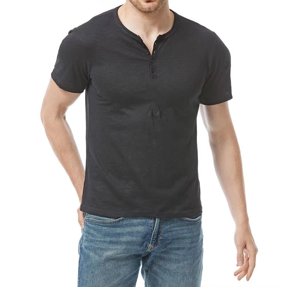 Men's Short-sleeve T-shirt Henley Collar Summer Casual Solid Color T Shirt for Men Polo High Quality Mens T-shirts