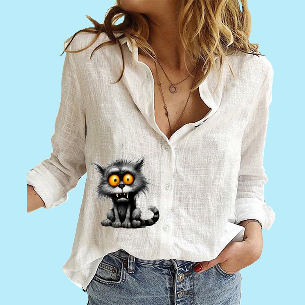 

Женская модная рубашка с длинным рукавом на пуговицах, женская повседневная тонкая хлопковая льняная рубашка с воротником-стойкой и принтом кота, блузки с длинными рукавами S белый