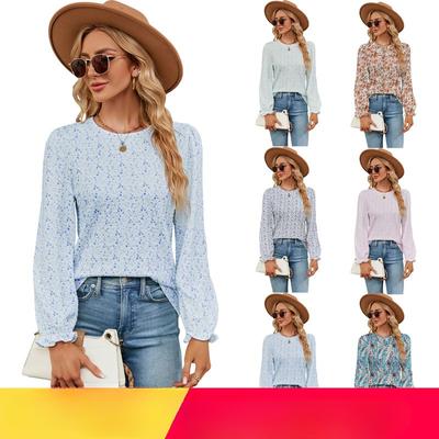 Autumn Winter Floral Top Women's Loose Versatile Round Neck Pullover T-shirt