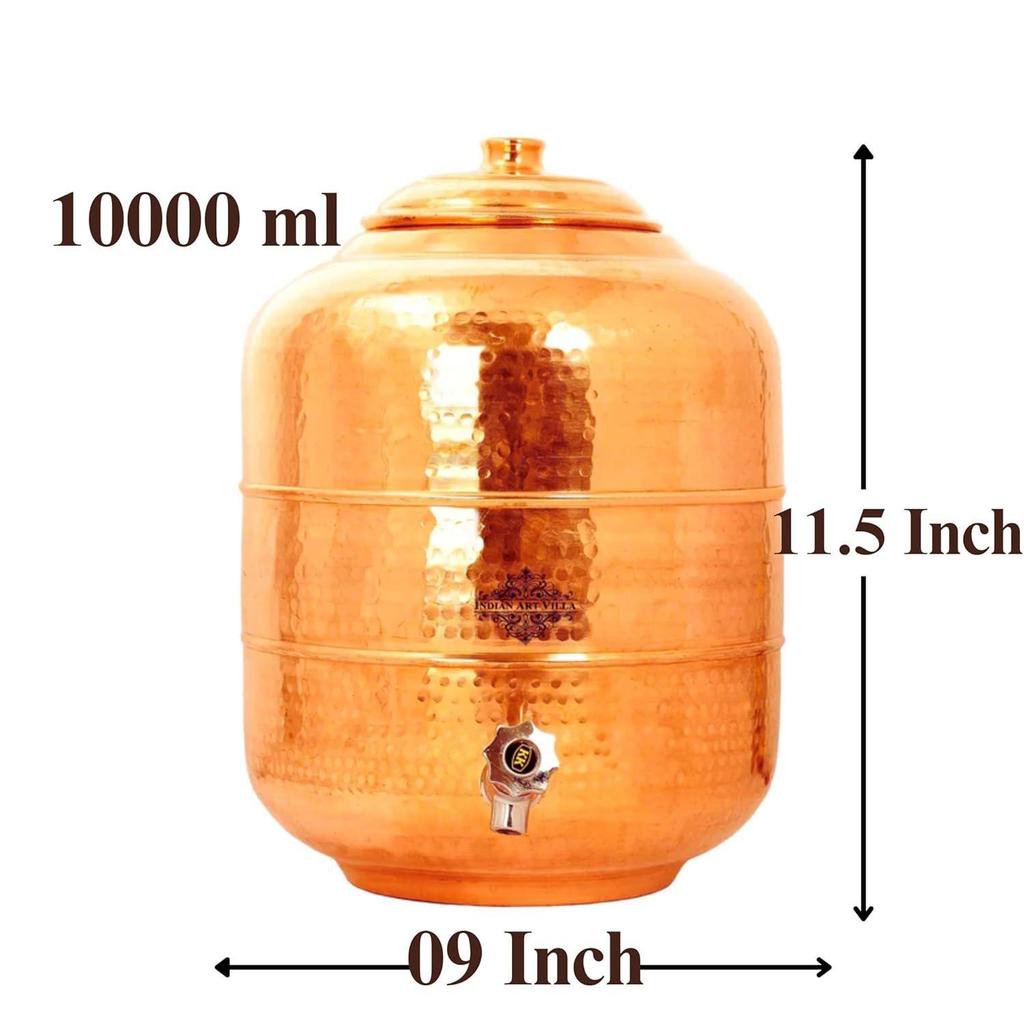 Pure Copper Hammered Design Water Pot/Dispenser/Container/Matka/Tank with Brass Tap, for Storage & Serving Water, Health Benefits, Volume-10 Liters