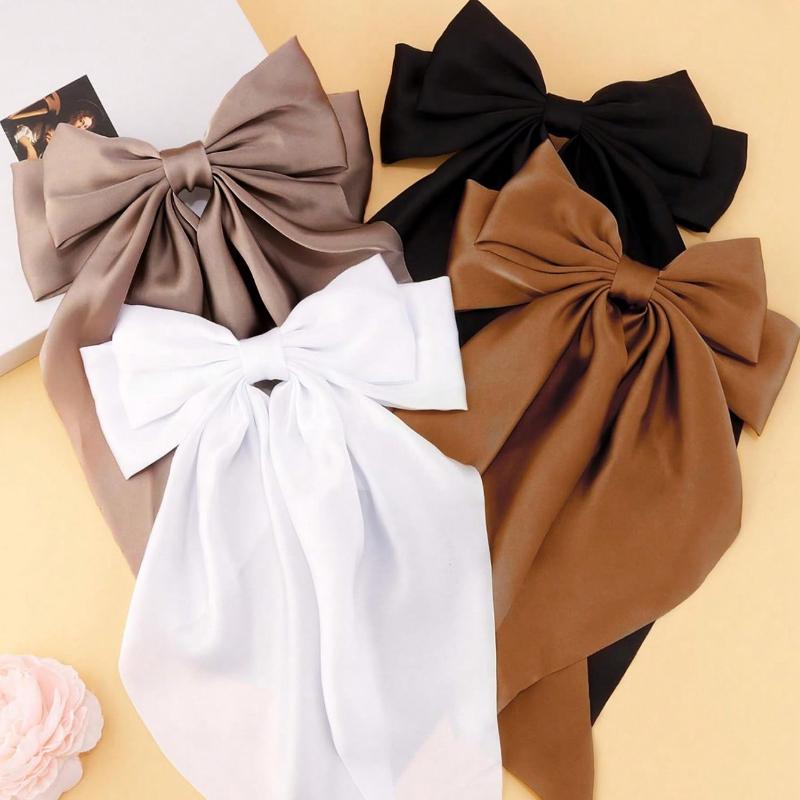 4Pcs Hair Bows Clips For Women, Black Bow White Bow Pink Bows Bow Hair Clips For Women Ribbons Bow Barrettes Satin Hair Bows Long Tail Clips
