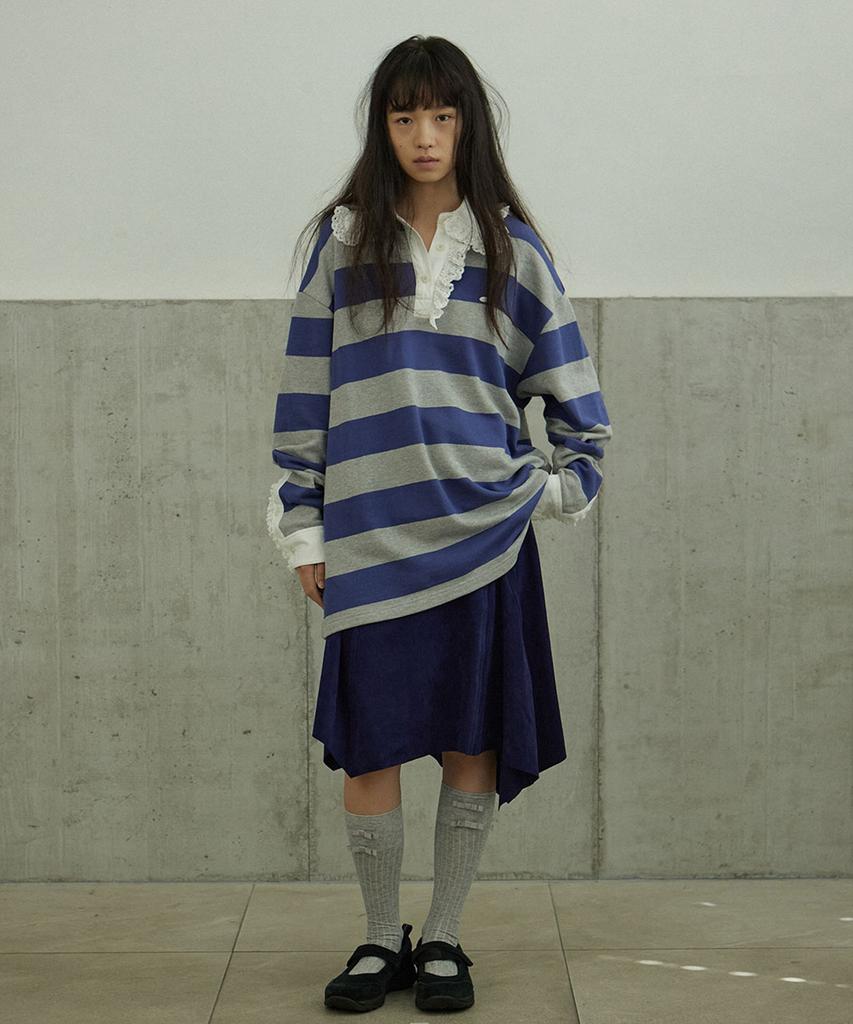 HOKUSPOKUS Lace Collar Border T-Shirt_Blue