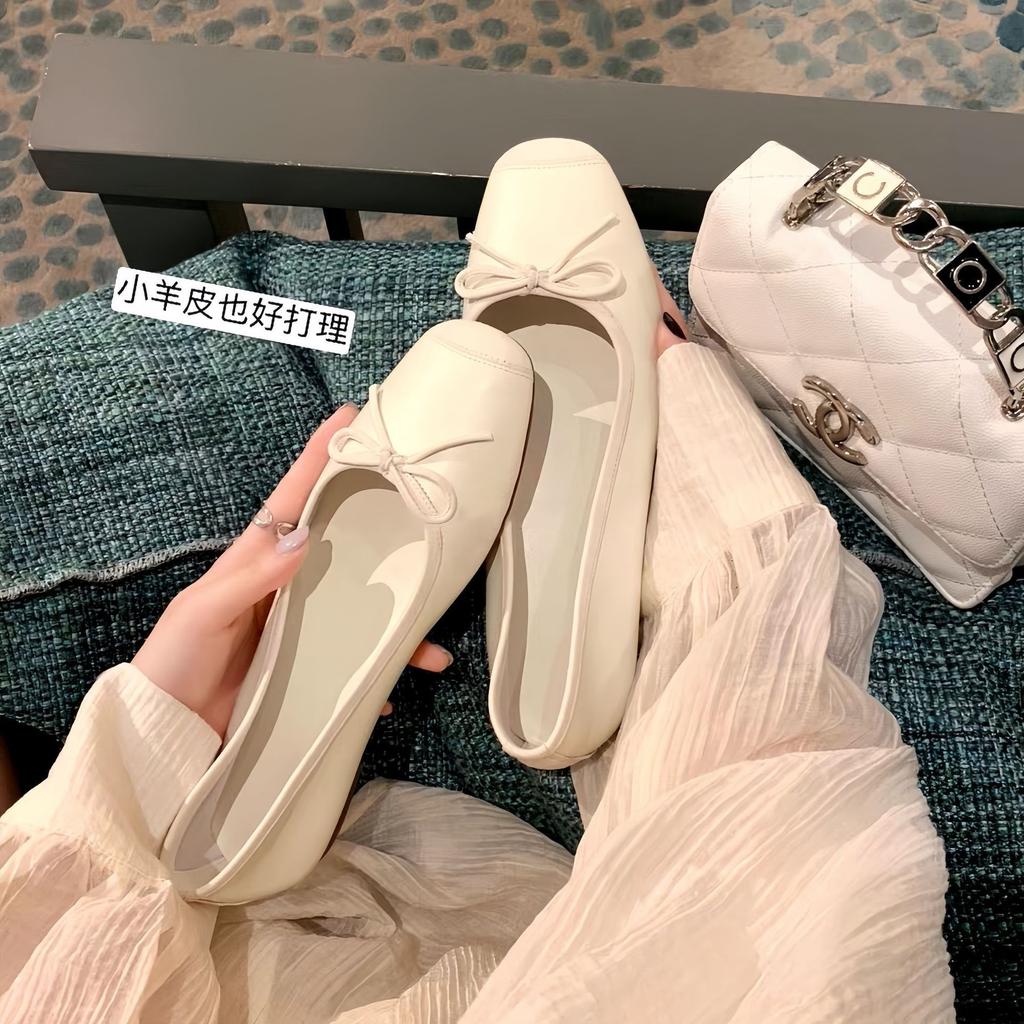 Sheepskin Version~ Leather Light Mouth Bow Showing Feet Small Flat Ballet Shoes Leather Single Shoes Women Mary Jane Ladyshoes