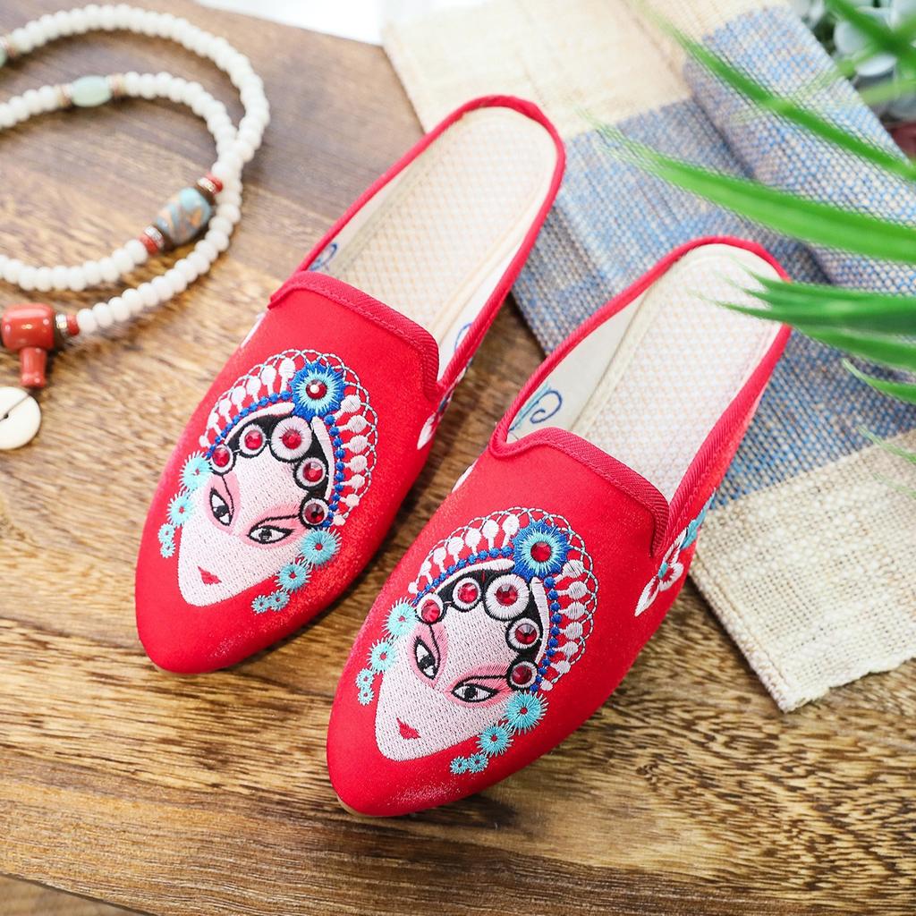 Slippers, Summer Fabric Slippers Peking Opera Huadan Face Mask Embroidered Pointed Women's Sandals