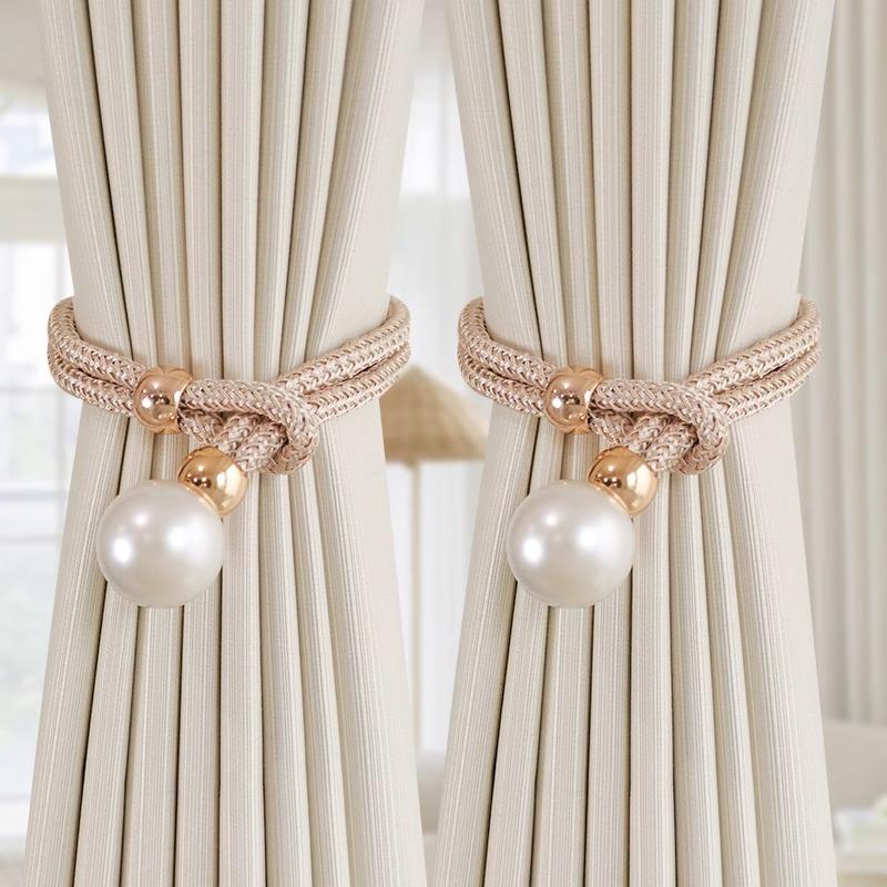 2Pcs Pearl Curtain Tiebacks, Curtain Pearl Tiebacks, Decorative Fixings, Rope Curtain Tiebacks No Punch Adjustable Pull-Outs