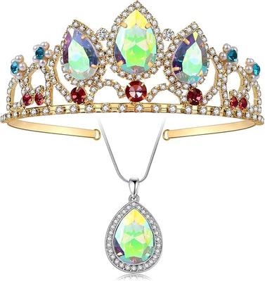 Rapunzel Tiara Prenses Tacı ve Saç Aksesuarı Aurora Taşlı Parlak Altın Gündüz Hediyesi için Harika Bir Hediye Kolye, Tangled'dan İlham Alan Kızlar, Taç,
