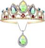 [HUQIDAO] Rapunzel Tiara Princess Crown and Necklace, Tangled Inspired Hair Accessory for Girls, Aurora Stone Sparkle Gold Crown, A Great Gift for